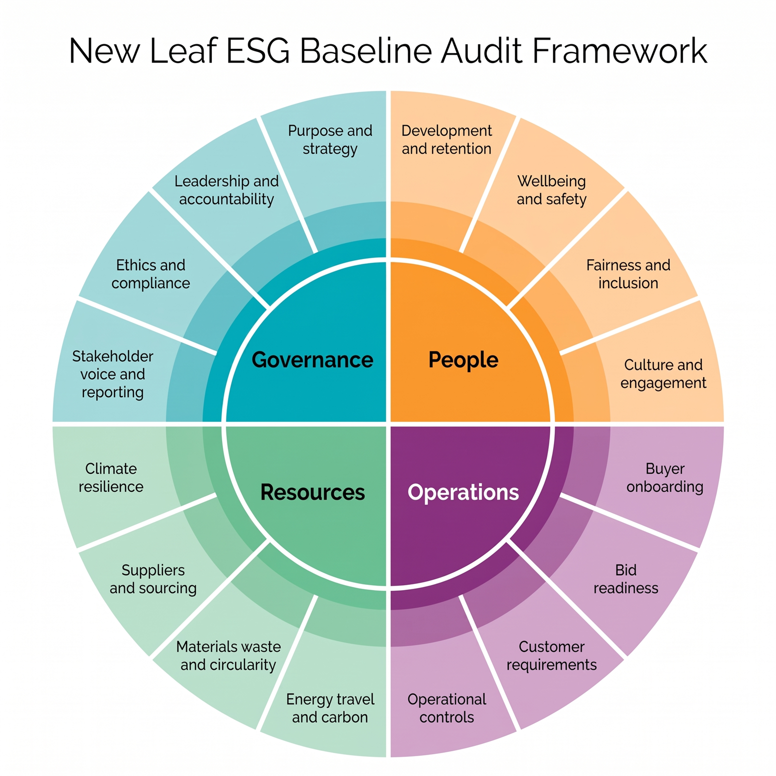 New Leaf ESG Baseline Audit Framework covering Governance, People, Operations, and Resources