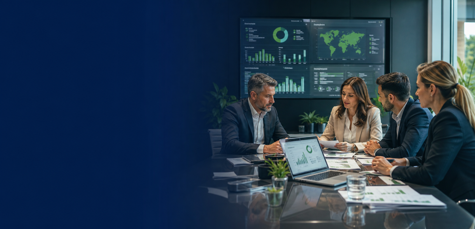 Executive team reviewing ESG maturity and procurement readiness dashboards